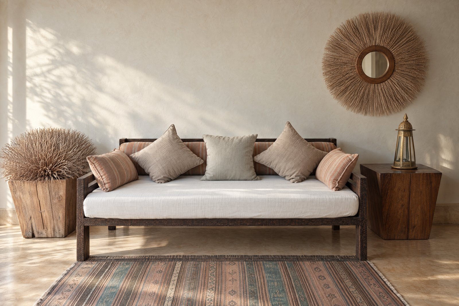 Daybed and woven mirror