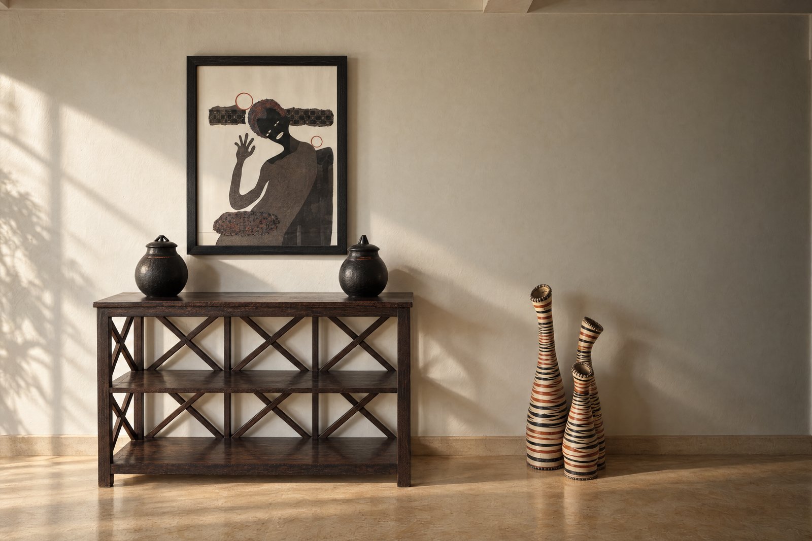 Console, ceramics and artwork