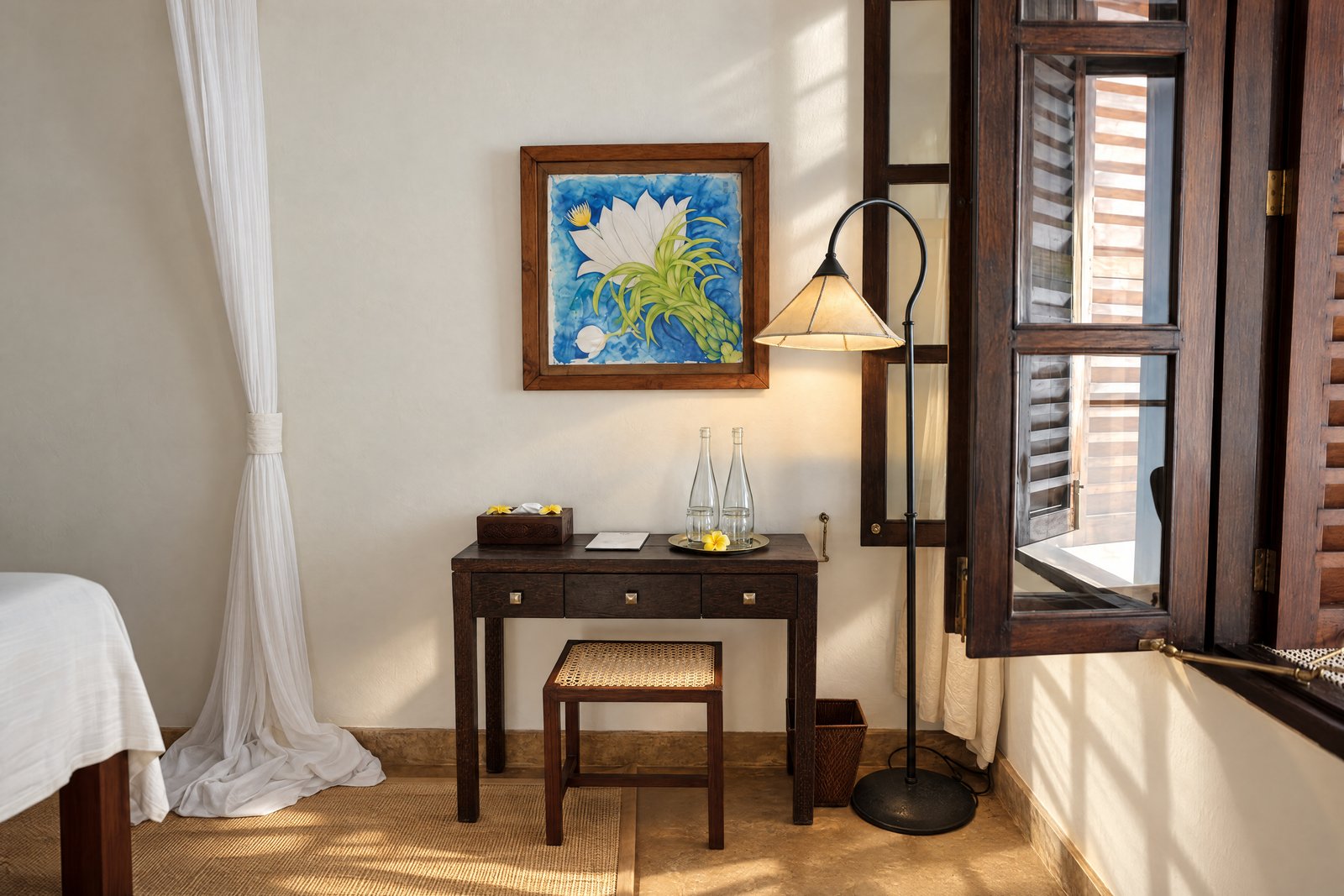 Botanical bedroom · writing desk and flower painting