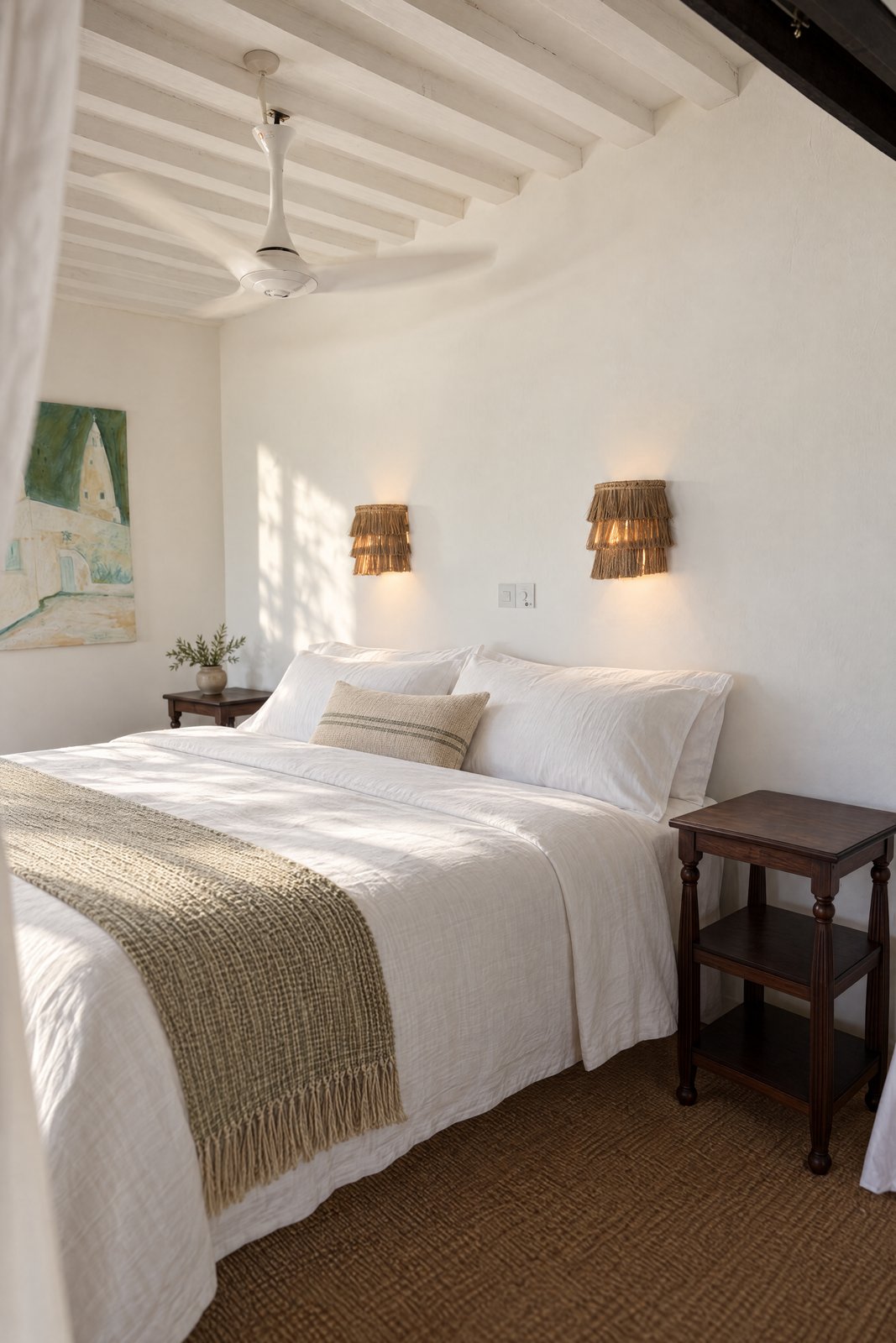 Green-art bedroom, bed and woven wall lamps